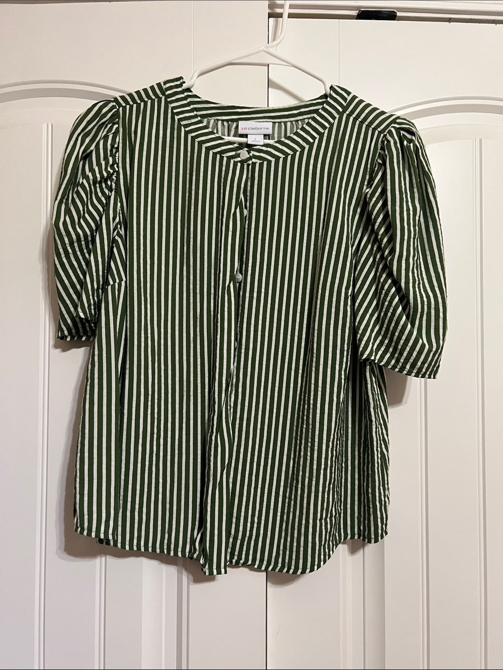 Liz Claiborne Green and White Striped Button-Up Blouse